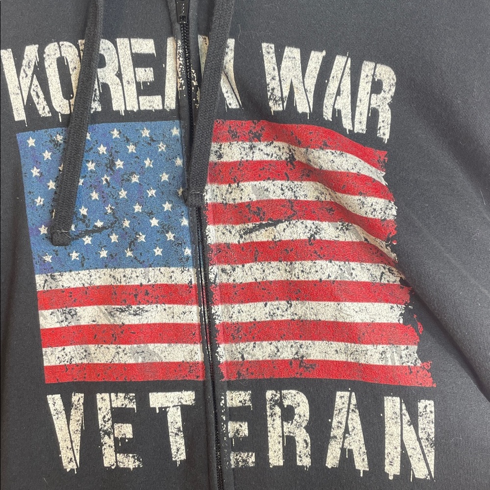 Korean War Veteran Black Zip-Up Hoodie with American Flag